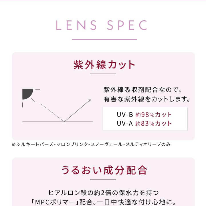 新木優子イメージモデルカラコン Ever Color 1day -エバーカラーワンデー|LENS SPEC 紫外線カット 紫外線吸収剤配合なので、有害な紫外線をカットします。UV-B 約98%カット UV-A 約83%カット ※シルキートパーズ・マロンブリンク・スノーヴェール・メルティオリーブのみ うるおい成分配合 ヒアルロン酸の約2倍の保水力を持つ「MPCポリマー」配合。一日中快適な付け心地に。