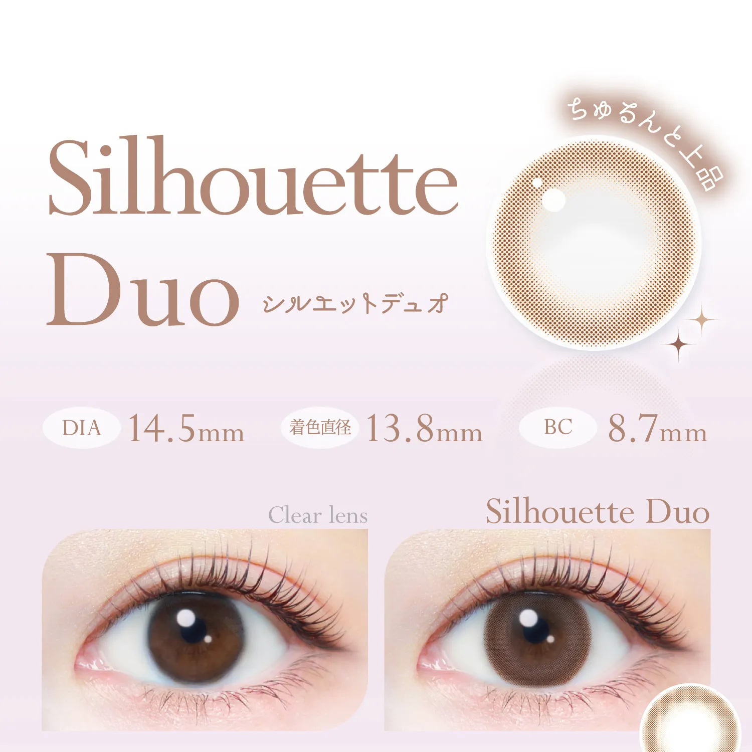 新木優子イメージモデルカラコン EverColor1day Natural MOIST LABEL UV -エバーカラーワンデーナチュラル モイストレーベルUV|SilhouetteDuo シルエットデュオ ちゅるんとした上品 DUIA14.5mm 着色直径13.8mm BC8.7mm Clearlens SilhouetteDuo