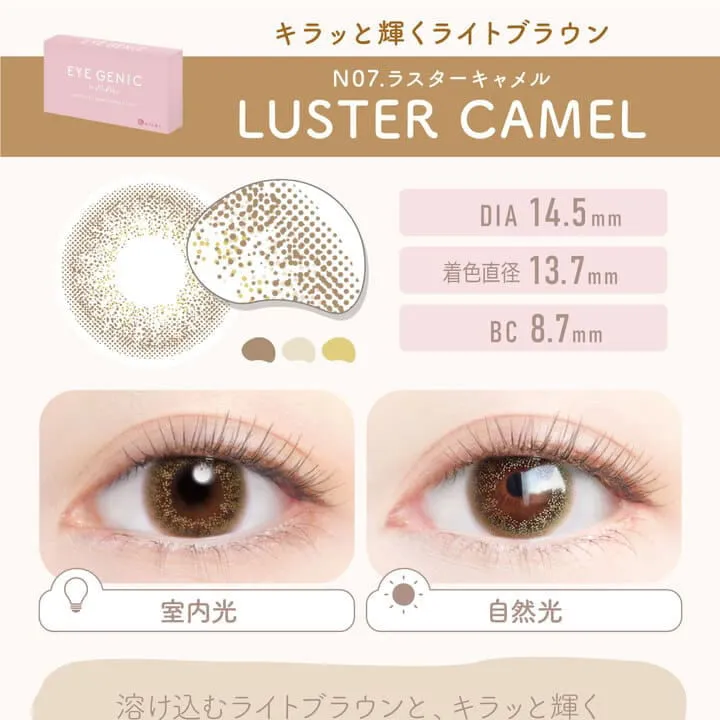 新木優子イメージモデル EYE GENIC by evercolor -アイジェニックバイエバーカラー |キラッと輝くライトブラウン NO7 LUSTER CAMEL ラスターキャメル 室内光 自然光 DIA:14.5mm 着色直径:13.7mm BC:8.7mm 溶け込むライトブラウンと、キラッと輝く