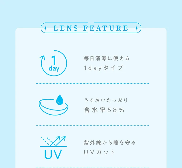 てんちむイメージモデルカラコン【ハルネ/HARNE】|LENS FEATURE 1day 毎日清潔に使える1dayタイプ うるおいたっぷり含水率58% 紫外線から瞳を守るUVカット