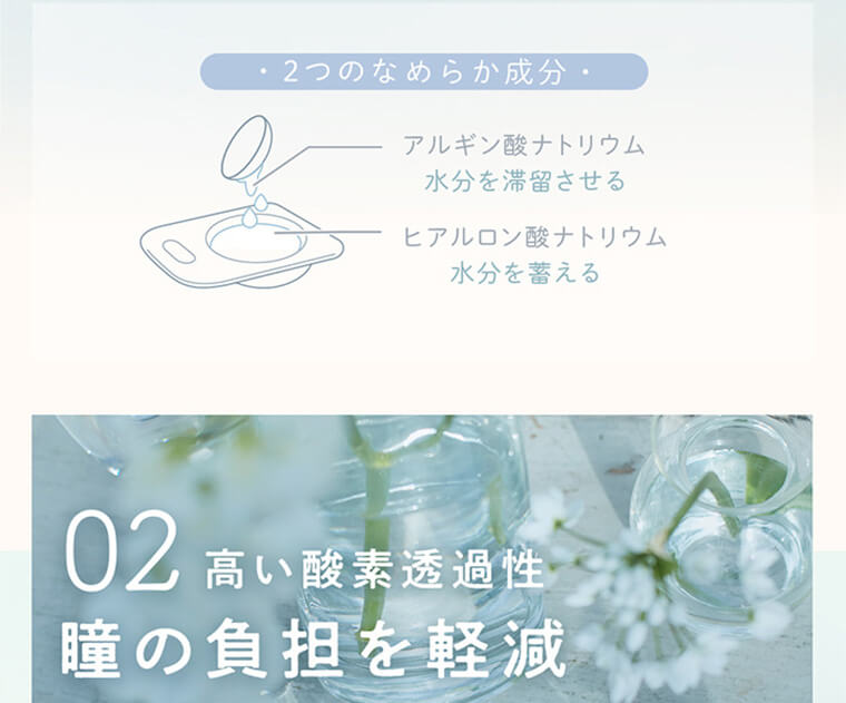 森絵梨佳イメージモデルカラコンルミアコンフォートワンデーサークル/LuMia comfort 1day CIRCLE|・2つのなめらか成分・ アルギン酸ナトリウム水分を滞留させる ヒアルロン酸ナトリウム水分を蓄える 02高い酸素透過性 瞳の負担を軽減