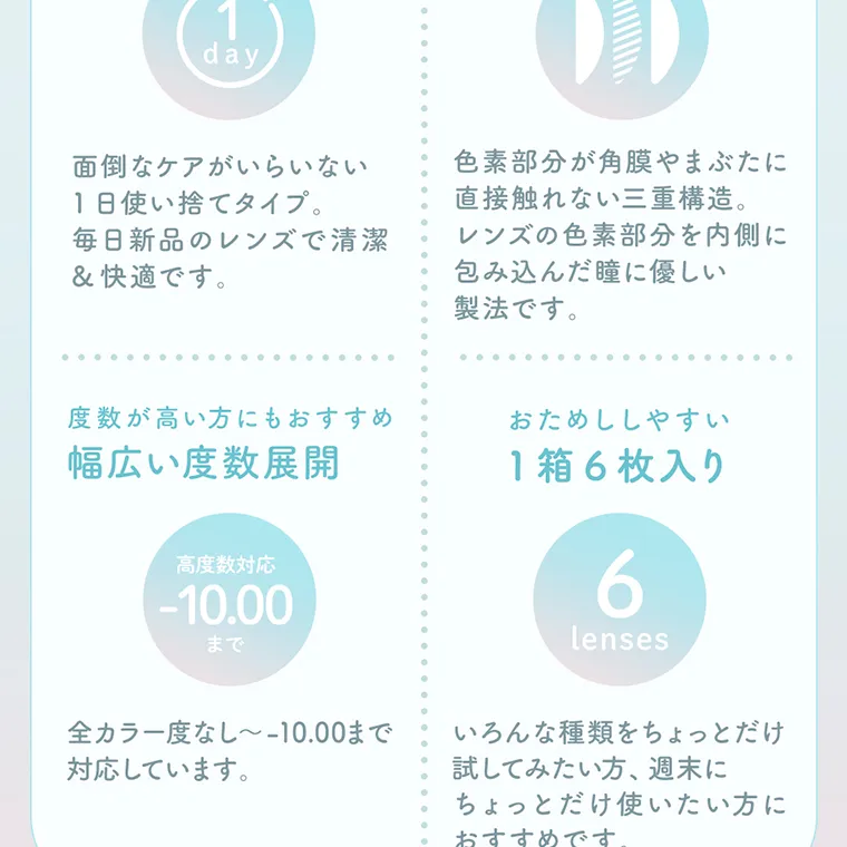 佐藤ノアイメージモデル【ラムリエ/ramurie】|面倒なケアがいらない1日使い捨てタイプ。毎日新品のレンズで清潔&快適です。 色素部分が角膜やまぶたに直接触れない三重構造。レンズの色素部分を内側に包み込んだ、瞳に優しい製法です。 度数が高い方にもおすすめ幅広い度数展開 高度数対応-10.00まで 全カラー度なし〜-10.00まで対応しています。 おためししやすい1箱6枚入り いろんな種類をちょっとだけ試してみたい方、週末にちょっとだけ使いたい方におすすめです。