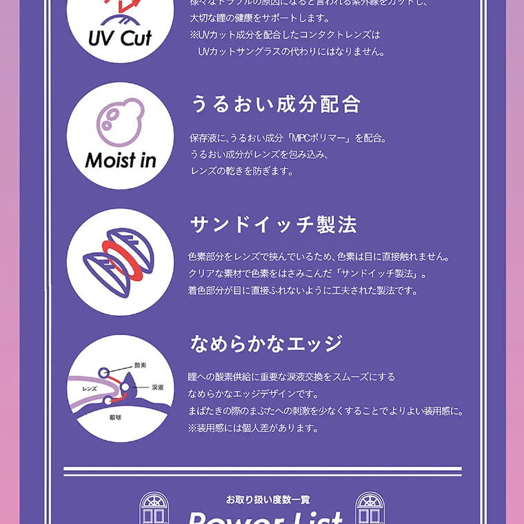 Knock Knock（ノックノック）×サンリオ|様々なトラブルの原因と言われる紫外線をカットし、大切な瞳の健康をサポートします。 ※UVカット成分を配合したコンタクトレンズはUVカットサングラスの代わりにはなりません。 うるおい成分 保存液に、うるおい成分「ＭＰＣポリマー」を配合。うるおい成分がレンズを包み込み、レンズの乾きを防ぎます。 サンドイッチ製法 色素部分をレンズで挟んでいるため、色素は目に直接触れません。クリアな素材で色素をはさみこんだ「サンドイッチ製法」。着色部分が目に直接ふれないように工夫された製法です。 なめらかなエッジ 瞳への酸素供給に重要な涙液交換をスムーズにするなめらかなエッジデザインです。まばたきの際のまぶたへの刺激を少なくすることでよりよい装用感に。※装用感には個人差があります。 お取り扱い度数一覧