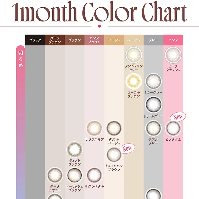 宮脇咲良イメージモデルカラコン【molak 1month/モラクマンスリー】|1month Color Chart 明るめ ダーク ピンク ブラック ブラウン ベージュ ブラウン ブラウン ヘーゼル グレー ピンク ダークビオニー ティントブラウン タンジェリンティー ピーチクラッシュ コーラルブラウン ミラーグレー ドリームグレー サクラスモア ダズルベージュ ダズルグレー New ピンクボム ドーリッシュブラウン サクラペタル New トゥインクルブラウン