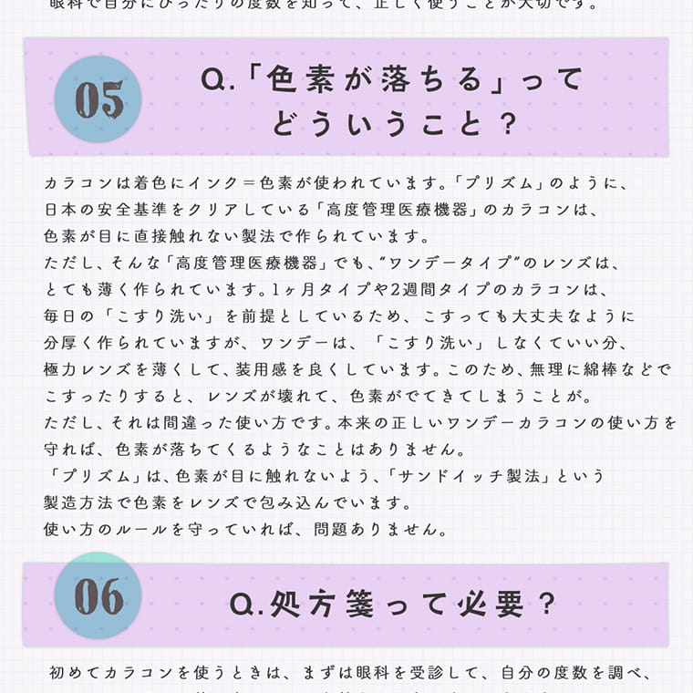 【プリズム/PURI ism】|眼科で自分にピッタリの度数を知って、正しく使うことが大切です。 05 Q「色素が落ちる」ってどういうこと? カラコンは着色にインク=色素が使われています。「プリズム」のように、日本の安全基準をクリアしている「高度管理医療機器」のカラコンは、色素が目に直接触れない製法で作られています。ただし、そんな「高度管理医療機器」でも、”ワンデータイプ”のレンズは、とても薄く作られています。1ヶ月タイプや2週間タイプのカラコンは、毎日の「こすり洗い」を前提としているため、こすっても大丈夫なように分厚く作られていますが、ワンデーは「こすり洗い」しなくていい分、極力レンズを薄くして、素養感を良くしています。このため、無理に綿棒などでこすったりすると、レンズが壊れて、色素がでてきてしまうことが。ただし、それは間違った使い方です。本来の正しいワンデーカラコンの使い方を守れば、色素が落ちてくるようなことはありません。「プリズム」は、色素がめにふれないよう、「サンドイッチ製法」という製造方法で色素をレンズで包み込んでいます。使い方のルールを守っていれば、問題ありません。 06 Q処方箋って必要? 初めてカラコンを使うときは、まずは眼科を受診して、自分の度数を調べ、