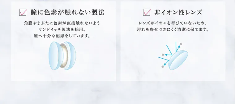 ローライメージモデルカラコン ReVIA 1month -レヴィア ワンマンス|瞳に色素が直接触れない 角膜やまぶたに色素が直接触れないようサンドイッチ構造を採用。瞳へ十分な配慮をしています。 非イオン性レンズ レンズがイオンを帯びていないため、汚れを寄せつきにくく清潔に保てます。