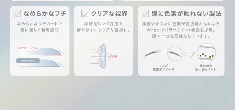 ローライメージモデルカラコン ReVIA TORIC -レヴィア トーリック|なめらかなフチ なめらかなフチカットで瞳に優しく装用感◎|クリアな視界 非球面レンズ採用でぼやけずにクリアな視界に。|瞳に色素が触れない製法 角膜やまぶたに色素が直接触れないようWrap-in (ラップイン) 構造を採用。瞳へ十分な配慮をしています。